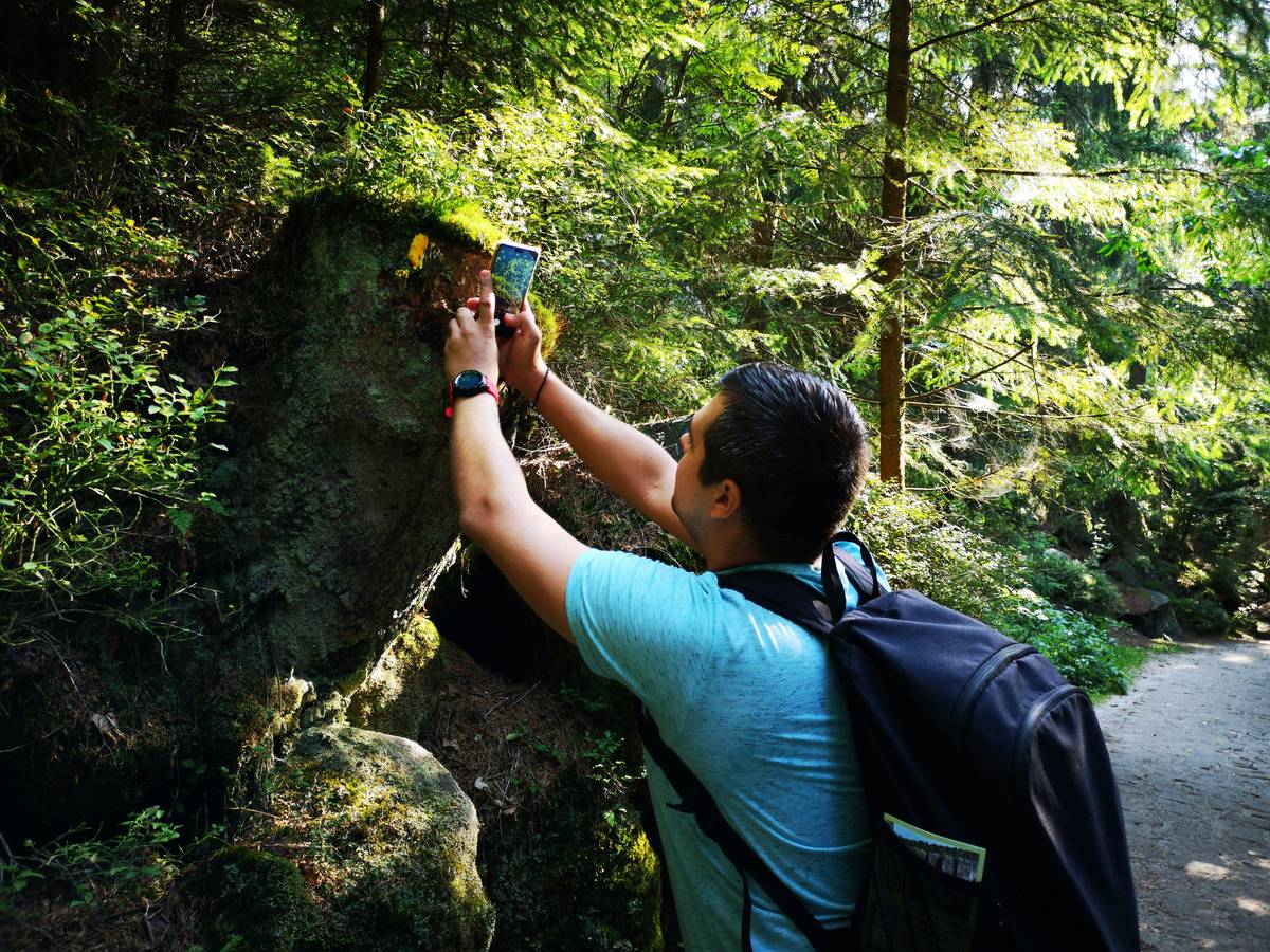 A hiker setting up a camera on a tripod