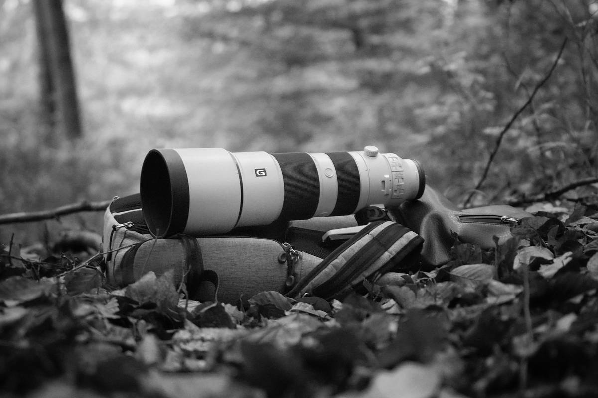 Hiker holding a DSLR camera under pouring rain with waterproof cover.
