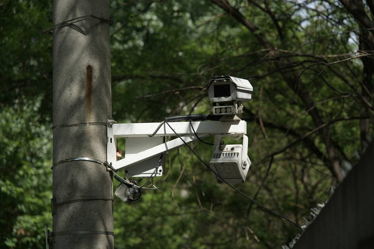 Close-up of trail cam camera with no-glow infrared sensors in forest setting